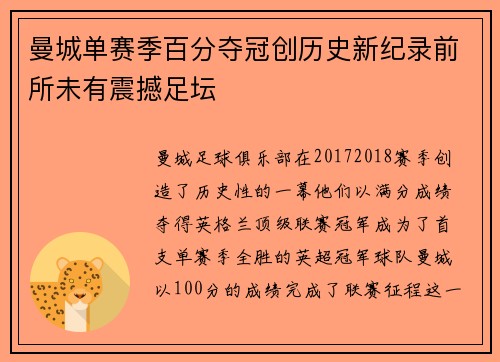 曼城单赛季百分夺冠创历史新纪录前所未有震撼足坛