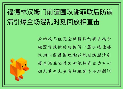 福德林汉姆门前遭围攻谢菲联后防崩溃引爆全场混乱时刻回放相直击 福德林汉姆门前遭围攻谢菲联后防崩溃引爆全场混乱时刻回放相直击
